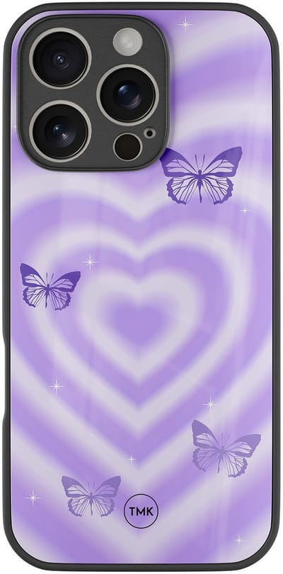 Hoesje geschikt voor Apple iPhone 16 Pro - Vlinders retro paars - Paars - TPU luxe case (glossy toplaag) - Print - Hardcase backcover zwart