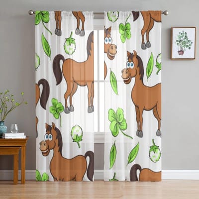Paard Cartoon Patroon Transparante Raamgordijnen voor Woonkamer Meisjes Slaapkamer Tule Gordijnen Keuken Voile Chiffon Draperieën 135W x 114H(cm) white