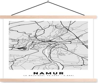 Posterhanger incl. Poster 90x60 cm - Schoolplaat - Stadskaart – Plattegrond – België – Zwart Wit – Namur – Kaart - Textielposter - Blanke latten - Stadskaart