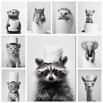 Zwart-witte Muurposter met Dieren Humor voor Badkamer en Toilet