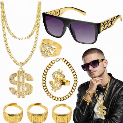 Ultiluxe® Rapper Accessoires - 8 Stuks - Gangster Verkleedset - Hip Hop - Pimp Set - 80s en 90s - Verkleed accessoireset - Goud/Zwart
