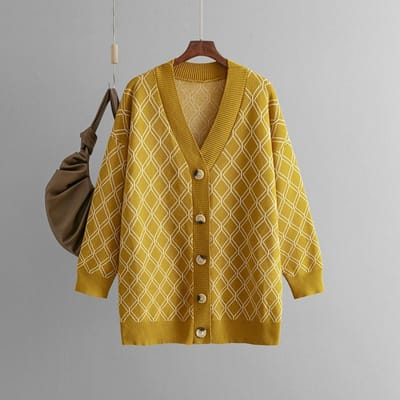 Herfst en Winter V-hals Vest Trui voor Dames Casual Los Diamantpatroon Gebreide Trui Jas one size geel