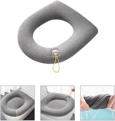 Set van 2 Zachte Grijze WC-brilhoezen met Wolk Motief – Wasbare, Comfortabele Toiletbrilbeschermers met Trekker, voor Warme Hygiëne in de Badkamer