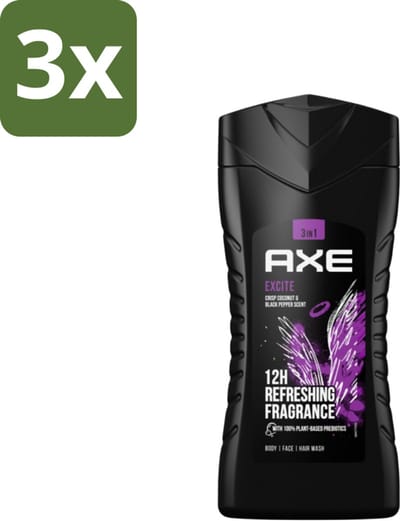 3 x Axe - 3-in-1 Douchegel - Excite - Douchegel - Crisp Coconut & Black pepper - 100% Plantaardig - 250 ml - Douchegel - Prebiotica - Kokosnoot - Zwarte Peper - Huid Verzorging