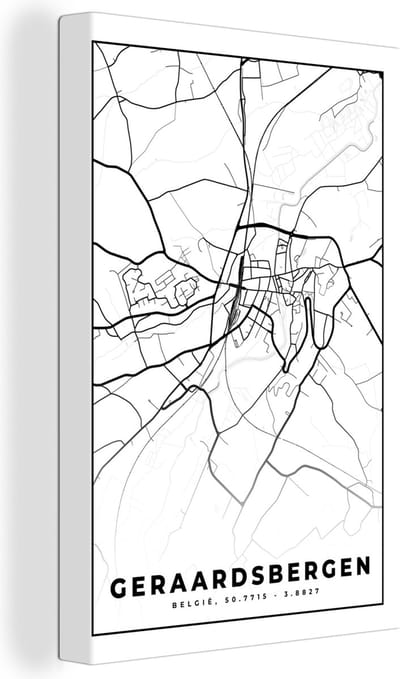 Canvas Schilderij Kaart – Plattegrond – Stadskaart – Geraardsbergen – België – Zwart Wit - 20x30 cm - Wanddecoratie