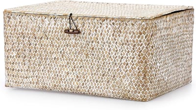 Opbergmand van zeegras met deksel, rechthoekige opbergdoos voor badkamer, planken en bureaus, multifunctionele decoratieve mand, XL formaat