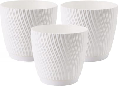 Form Plastic Plantenpot/bloempot Waves - 3x - kunststof - ivoor wit - D19 x H17 cm - met opvang schotel - rond