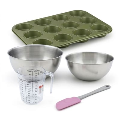 Bakkersset met bakvorm voor 12 muffins met carnaubawaslaag, 2 mengkommen, maatbeker en spatel Zenker
