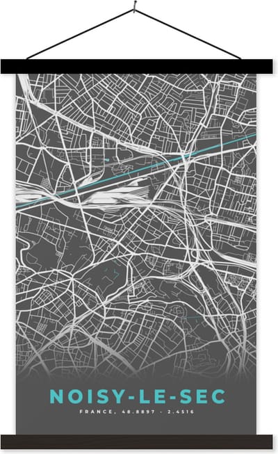 Posterhanger incl. Poster 40x60 cm - Schoolplaat - Noisy-le-Sec - Frankrijk - Stadskaart - Kaart - Plattegrond - Textielposter - Zwarte latten - Stadskaart
