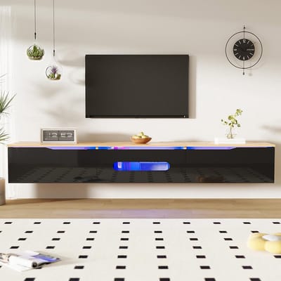 Pugsdrly Tv-meubel, 180 cm, glanzend oppervlak, met 16 kleuren ledverlichting, kan aan de muur worden bevestigd