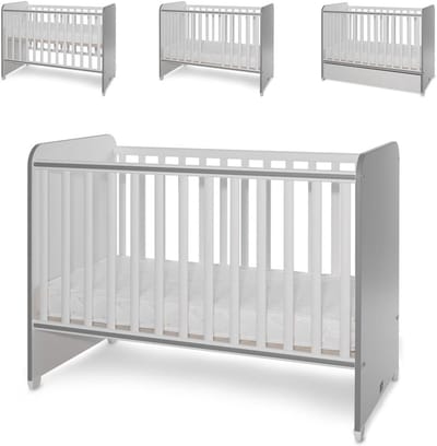 Babybed - Kinderledikant Peuterbed - Veilige Slaapplek - Twee Niveaus Verstelbaar - 124 x 68 x 95 cm - Wit Donkergrijs