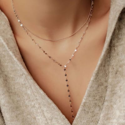 Hey Happiness Gelaagde Kralen- en Platte Rolo Y-Halsketting Dames Roestvrij Staal 18K Roségoud Verguld - 41-46 cm Verstelbaar - Jasseron Ketting - Roségoud