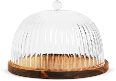 Acaciahouten Taartplateau - serveerschaal - Serveerplank met borosilicaatglas deksel – Ø 22 cm - Taarthouder - Glazen stolp