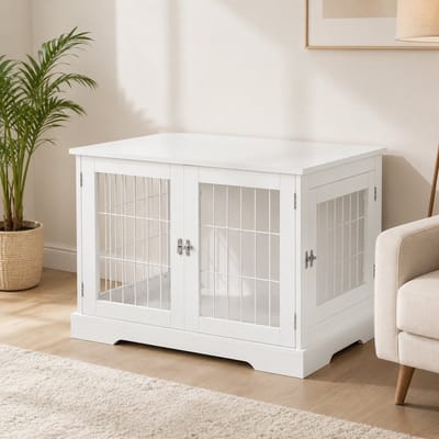 2-in-1 Hondenbench - Bench Hond - Bench Kast - Hondenhok - Hondenbox - Voor Honden - Salontafel - Met twee afsluitbare deuren - 76 x 54.5 x 56 cm - Wit