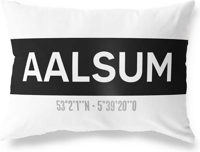 Tuinkussen AALSUM - FRIESLAND met coördinaten - Buitenkussen - Bootkussen - Weerbestendig - Jouw Plaats - Studio216 - Modern - Zwart-Wit - 50x30cm