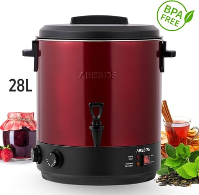 AREBOS Inmaakkookautomaat 1800 W, inmaakpan 28 liter, met timer, thermostaat en oververhittingsbeveiliging, traploos instelbaar op 30-110 °C, glühweinkoker, incl. inmaakglas en inmachtchtchtchter, rood