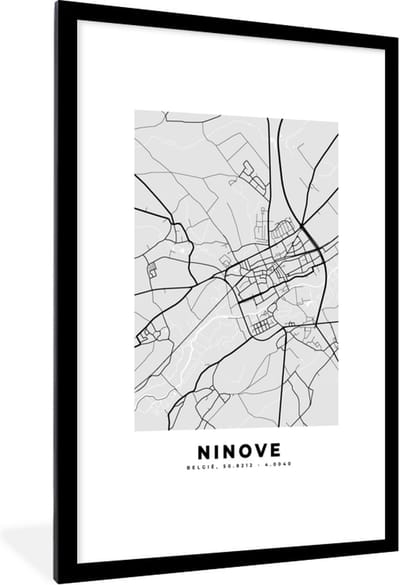 Fotolijst incl. Poster Zwart Wit- Stadskaart – Plattegrond – België – Zwart Wit – Ninove – Kaart - 80x120 cm - Posterlijst