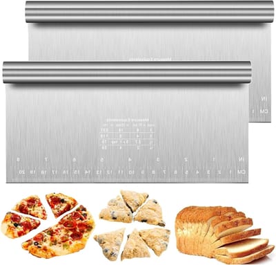 Set van 2 multifunctionele keuken schrapers en deegsnijders van roestvrij staal voor het snijden van pasta, pizza en koekjes (22 x 12 cm)