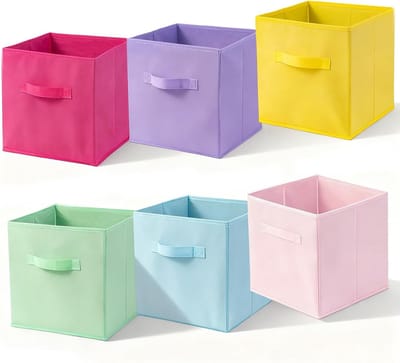 Set van 6 Opvouwbare Opbergdozen van Stof, 27 x 27 x 28 cm, Handvat, Kleurrijke Oplossingen voor Organisatie en Opslag in Kasten