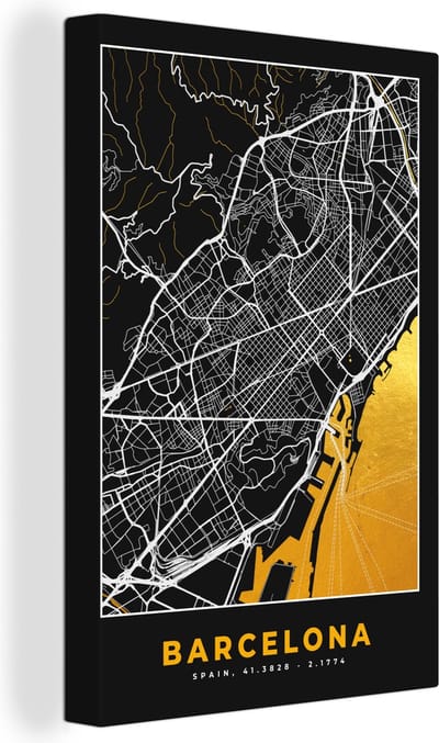 Canvas Schilderij Barcelona - Stadskaart - Plattegrond - Goud - Kaart - 20x30 cm - Wanddecoratie