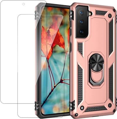 HB Hoesje Geschikt voor Samsung Galaxy S21 Roségoud - Anti-Shock Hybrid Armor Back Cover - Hoes met Kickstand Ring & 2X Glazen Screenprotector