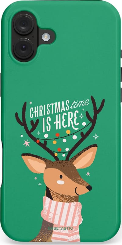 Casetastic hoesje geschikt voor Apple iPhone 16 Plus - MagSafe - Dubbellaagse bescherming - Rudolf het Rendier op het groen - Fashion Case - Turquoise Perzik Donkergroen