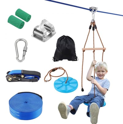 Zipline Kabelbaan voor Tuin - Set - Lengte 16,7 m - Draagkracht 150 kg - Voor Kinderen en Volwassenen - Met Nylon Veiligheidsharnas - Compleet met Accessoires