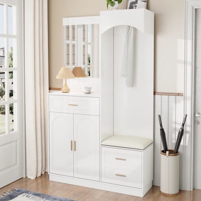 DESMIU Garderobekast - Compact Opbergsysteem Met Spiegel En Schoenenbank - Voor Hal En Kleine Woning - MDF - Wit - 110x33x185,5 Cm