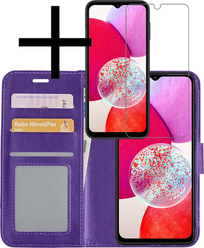 Hoesje - Met Screenprotector - Geschikt voor Samsung Galaxy A14 - Luxe Pasjeshouder - Bookcase Portemonee - Flip Case - Kunstleer Book Case - Flipcase - Book Cover - Walletcase - Portemonneehoes - Paars