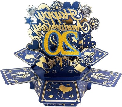Grote 3D Pop Up Wenskaart voor 20e Huwelijksverjaardag, Perfect Cadeau voor Echtgenoten, Unieke Verjaardagskaart voor Stellen, Blauw Design