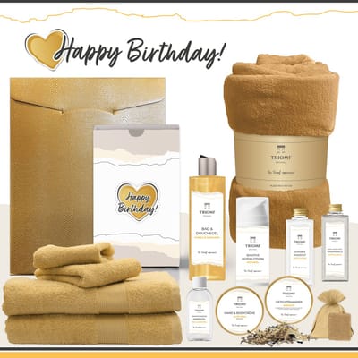 Geschenkset “Happy Birthday!” - 13 producten - 2000 gram | Triomf Original Geel - Giftset voor haar Cadeau Valentijnsdag Luxe wellness cadeaubox Vrouw Ik hou van jou Cadeaupakket Kerst Geschenk Moeder Verjaardag Gift Set Valentijn Vriendin Geel
