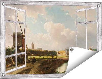 Gards Tuinposter Doorkijk Gezicht op Den Haag vanaf de Delftse Vaart in de Zeventiende Eeuw - Cornelis Springer - 60x40 cm - Tuindoek - Tuindecoratie - Wanddecoratie buiten - Tuinschilderij