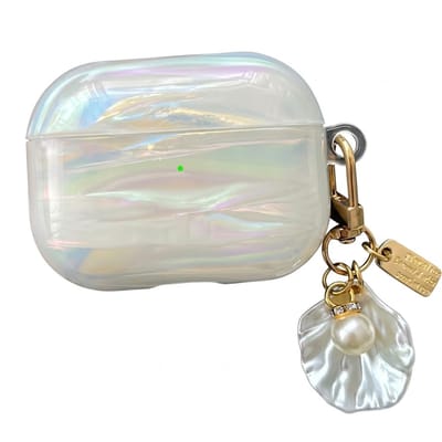 Transparant parelmoer hoesje voor oordopjes dames met schelp patroon en decoratieve hanger geschikt voor AirPods Pro 2 met iriserende afwerking en clip