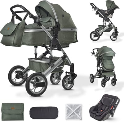 BRONEA® EXQUISE 2.0 Luxe multi-functionele kinderwagen 3 in 1 incl. Autostoel | MATRAS, Buggy, Luiertas, Voetenwarmer, Regenhoes, Muggen net & Zonneklep | silver/dusty-green