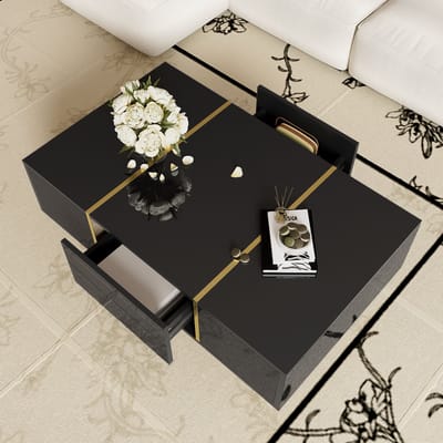STILVORA Salontafel - Hoogglans Met 2 Lades - Opbergruimte Voor Woonkamer - MDF Metaal - Zwart Goud - 100x60x41,5 Cm