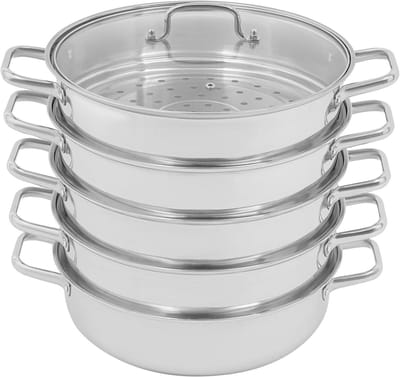 Stoompan RVS - Stoomkoker 5 Niveaus - Gezond Koken - Ruimtebesparend Stapelbaar - Diameter 32 cm - Zilverkleurig