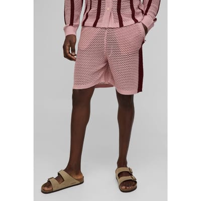 Relaxed Fit Side Stripe Open Stitch Knitted Shorts | Burgundy | Size XS