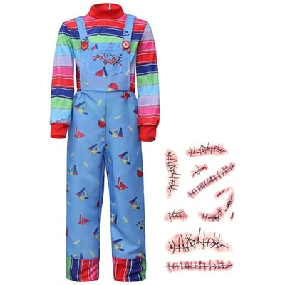 Film Chucky Halloween Meisjeskostuum, Child Play Peuter Chucky Kostuum Cadeau met Litteken Tatoeage Sticker Cadeau S gray