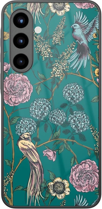Hoesje geschikt voor Samsung Galaxy A56 - Vogels Japanse bloemen - Hard Case Zwart Back Cover - Print - Groen - Mooie Telefoonhoesjes