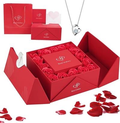 Cadeau voor vrouwen, kunstrozen cadeaubox met 16 rozen plastic bloemen en ketting dames zilver 925 Kerstmis Valentijnsdag cadeau voor haar Verjaardagscadeaus voor vrouwen rozenbox cadeau