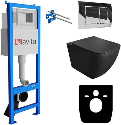 LAVITA® Inbouwreservoir Complete Toiletset LAV 101 - Inbouw WC Hangtoilet Wandcloset ONIL BLACK Zwart Mat - Bedieningsplaat 200.1.2 Chroom - Voorwandelement voor toilet 40cm - Installatiesysteem