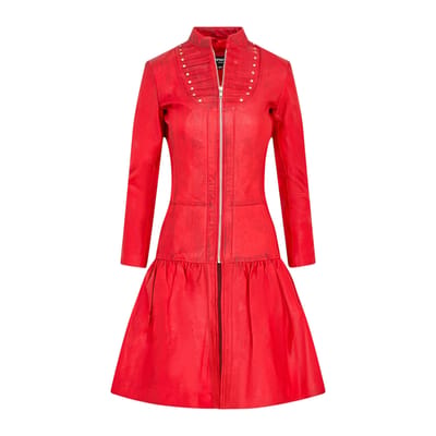Dames Goth Rood Leren Victoriaanse Studed Flare Coat- Ribet