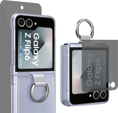 Geschikt voor Samsung Galaxy Z Flip 6 / Flip 7 FE - Hoesje + Privacy Screenprotector – Privé - Beschermglas Folie - Ring voor Grip - Cover Transparant