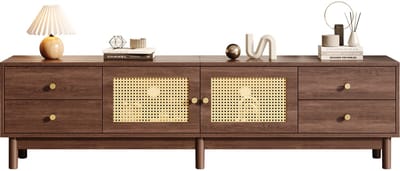 Donker Houtkleur Spaanplaat Tv Meubel 180x35x44cm Woonkamer Opberg Rieten Deuren Hydraulische Scharnieren