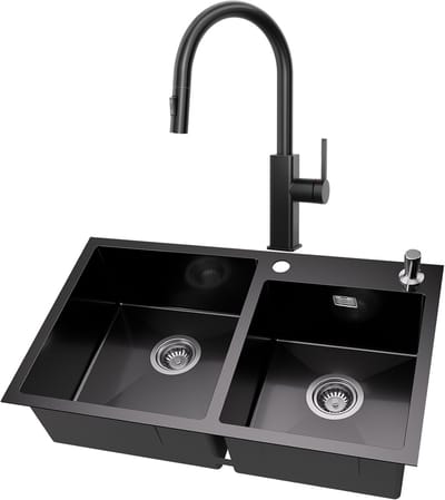 Auralum MAX Spoelbak Keuken 75x45cm Antraciet - Dubbele Spoelbakken Met Keukenkraan met Uittrekbare Uitloop - Wasbak Keuken Met zeepdispenser 300ml - Met Waterafvoersysteem en Afdruiprek