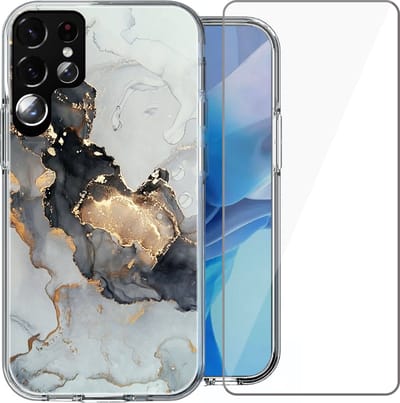 Hoesje geschikt voor Samsung Galaxy S22 Ultra - Siliconen Shock Proof Case Back Cover Hoes Marmer Goud + Screenprotector Gehard Glas Screen Protector