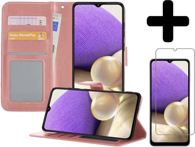 Hoesje - Met Screenprotector - Geschikt voor Samsung Galaxy A32 4G - Luxe Pasjeshouder - Bookcase Portemonee - Flip Case - Kunstleer Book Case - Flipcase - Book Cover - Walletcase - Portemonneehoes - Telefoonhoesjes - Rosé goud