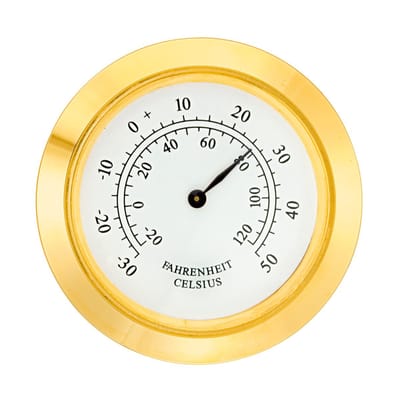Thermometer, mini-inzetstuk, goudkleurige, wit-antieke wijzerplaat