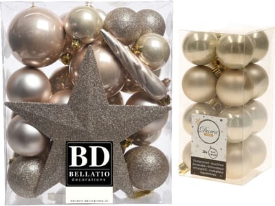 Kerstversiering kunststof kerstballen parel/champagne 4-5-6-8 cm pakket van 49x stuks - Met kunststof ster piek van 19 cm