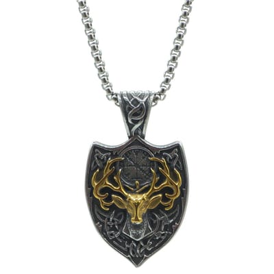 Tesoro Mio Michel - Viking Ketting - Schild Met Helm of Awe en verguld Hert – Edelstaal - L 60 cm, B 4 mm - Hanger 4.2 x 2.2 cm